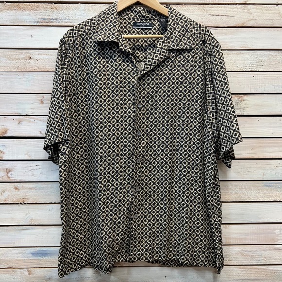 Brandini Other - Brandini Black Tan 100% Silk Short Sleeve Button Down Geometric Shirt Large